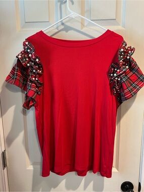 Unk Red Plaid Ruffle Sleeve Tee with Pearl Accents